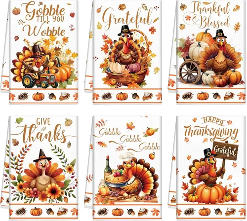 Miniatura 10 de Ganeen Juego de 6 toallas de mano de Acción de Gracias con texto en inglés «Hello Fall» en blanco y negro, vintage, calabaza, camión, motero