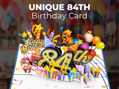 Miniatura 6 de iGifts And Cards Tarjeta desplegable 3D de feliz cumpleaños 84 – Diseño azul con números de purpurina, globos, pasteles y regalos – Tarjeta