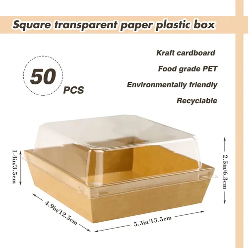 Miniatura 2 de Paquete de 50 cajas de charcutería con tapas transparentes, caja de papel desechable cuadrada marrón de 5 pulgadas, recipientes de alimentos
