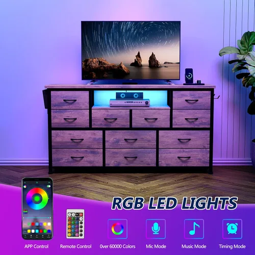 Miniatura 7 de LIVEHOM Cómoda Soporte para TV con toma de corriente y LED para TV de 45'', cómoda larga para dormitorio con 12 cajones, mesa consola ancha