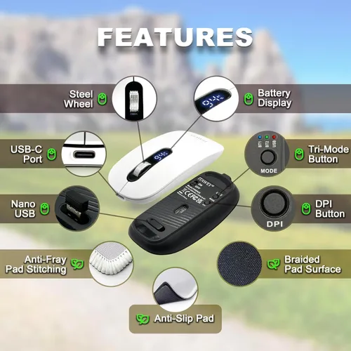 Miniatura 3 de Combo de mouse y almohadilla inalámbrica: pantalla LCD, Bluetooth y receptor USB, tres modos, recargable, clics silenciosos, con convertidor USB-C