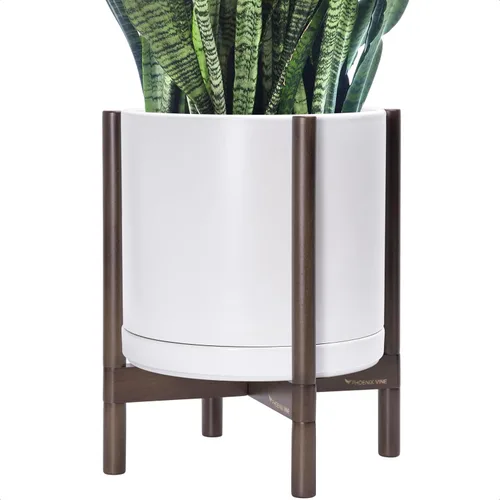 Miniatura 18 de D'vine Dev Maceta de cerámica con soporte de ébano – Maceta redonda moderna de 8 pulgadas con soporte para maceta de madera, color negro, 55-B-M-2