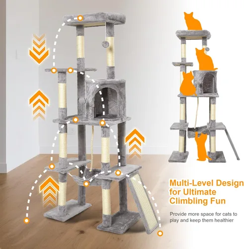 Miniatura 5 de Árbol grande para gatos, torre para gatos de varios niveles de 65 pulgadas de alto con postes rascadores cubiertos de sisal, condominio, hamaca