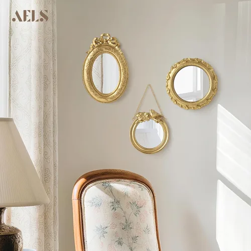 Miniatura 2 de AELS Paquete de 3 pequeños espejos dorados antiguos para decoración de pared, espejo para colgar en la pared, decoración del hogar de lujo, espejo