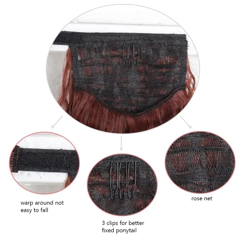 Miniatura 6 de Extensiones de cola de caballo caoba, cola de caballo rizada con clip, 22 pulgadas, 3.5 onzas, extensión de cabello sintético negro, extensión