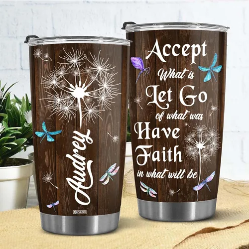 Miniatura 2 de BECHUSKY Vaso personalizado de viaje de diente de león con tapa, 20 onzas, Acepta lo que es dejar ir de lo que era de madera Taraxacum flor floral