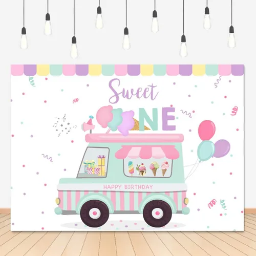 Miniatura 7 de Lofaris Telón de fondo para tienda de helados con texto en inglés «Happy Birthday» Sweet One Summer Baby Girls Party Photography Background 1st