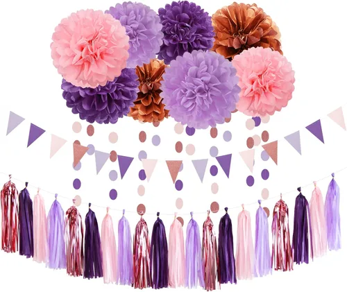 Miniatura 10 de Decoraciones de Fiesta de Champán de Oro Blanco - 23 piezas Pompones de Papel de Seda Serpentinas, Guirnalda de Borlas de Boda de Compromiso