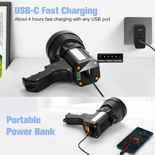 Miniatura 5 de YIERBLUE - Foco recargable, superbrillante, 1000 000 lúmenes, led, linterna, proyector de mano, 10 000 mAh, larga duración, linterna grande y Negro