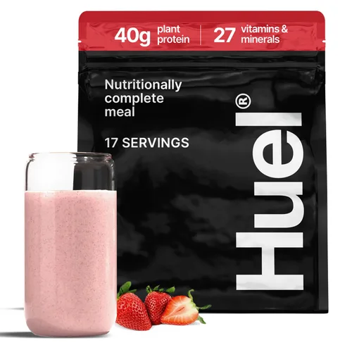 Huel Black Edition | Fresa 1.41 oz de proteína vegana en polvo | Comida nutricionalmente completa | 27 vitaminas y minerales, sin gluten | 17