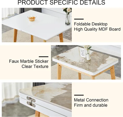 Miniatura 5 de Mesa de piedra sinterizada de imitación mármol blanco con patas de madera de goma, escritorio plegable para computadora, escritorio de oficina