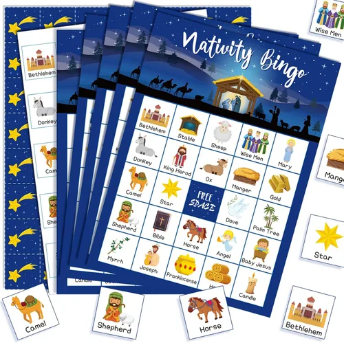 Shappy Juego de Bingo de Natividad Navideña de 35 Piezas, Juego de Bingo Cristiano para 24 Jugadores, Tarjetas de Natividad para Familia, Amigos,