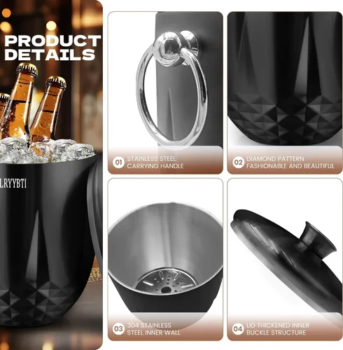 Miniatura 5 de Cubos de hielo de 3L para fiestas y bar de cócteles con tapa de acero inoxidable, pinzas y colador (negro) Cubo de hielo de metal aislado de doble