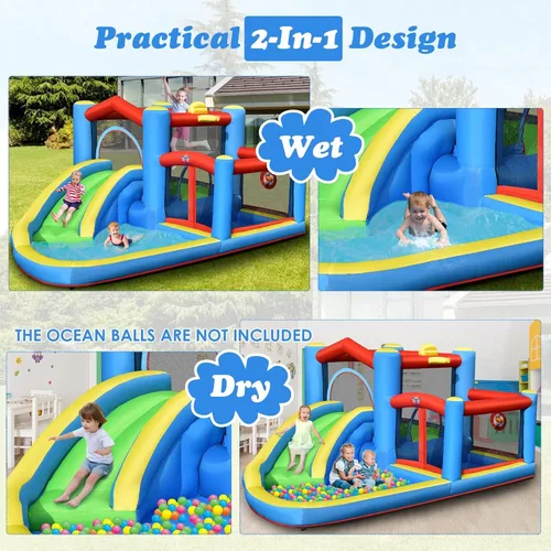 Miniatura 2 de BOUNTECH Tobogán acuático inflable, casa hinchable para niños de 5 a 12 años, para fiestas en interiores y exteriores, con soplador de 480 W, bolas