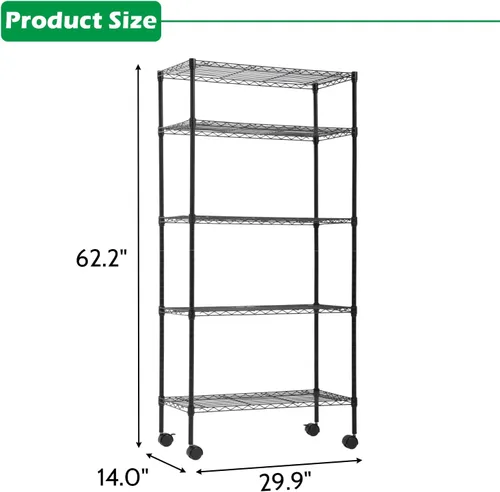 Miniatura 3 de Estantería de almacenamiento comercial de 14"x30"x60" Estantería resistente de 5 niveles con cable Estantería de alambre con ruedas Estantería