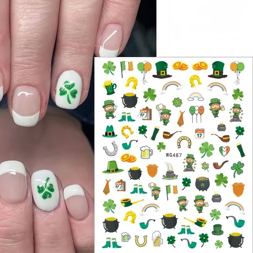 Miniatura 4 de 7 hojas de calcomanías de uñas del día de San Patricio para arte de uñas, calcomanías autoadhesivas 3D de trébol verde, diseño de uñas irlandesas