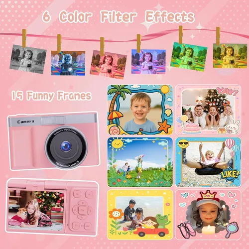 Miniatura 4 de Cámara para niños, cámara digital 1080P de 5MP para niños con pantalla abatible de 180° y tarjeta SD de 32 GB, cámara de juguete retro para niños