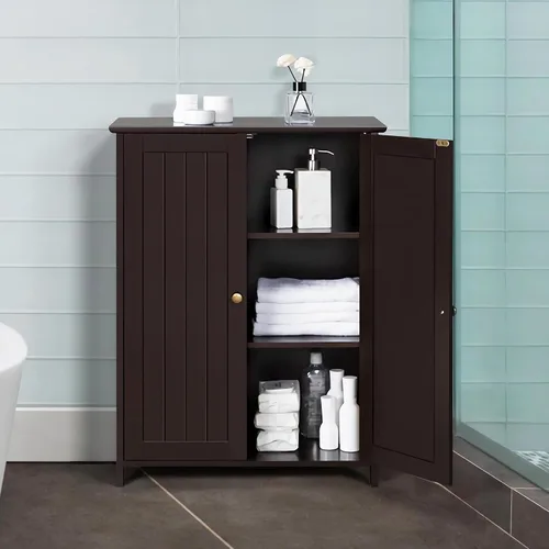 Miniatura 4 de Topeakmart Armario de piso de baño con puertas dobles Armario de almacenamiento independiente con estantes ajustables, diseño anti-caída, espresso