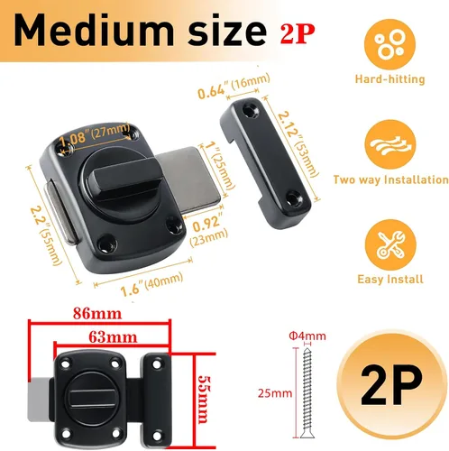 Miniatura 2 de Alise MS220B-2P - 2 pestillos de puerta deslizante, tamaño mediano, seguridad de doble cara, rotación, herrajes para caja de almacenamiento, Negro