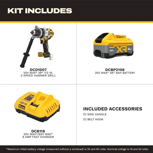 Miniatura 12 de DEWALT Kit de taladro de martillo inalámbrico de 1/2 pulgada MAX XR de 20 V con batería de 8 Ah y cargador (DCD1007WW1)