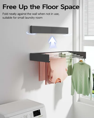 Miniatura 2 de Vikaqi Tendedero de Ropa Montado en la Pared de 32", Tendedero de Lavandería Plegable de Montaje en Pared para Interiores, Tendedero de Ropa Negro
