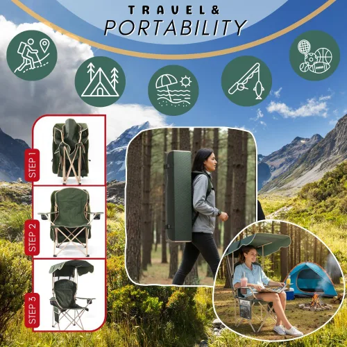 Miniatura 3 de Sillas de camping plegables portátiles con toldo y toldo para adultos, tela Oxford 600D duradera resistente a la intemperie, silla de camping
