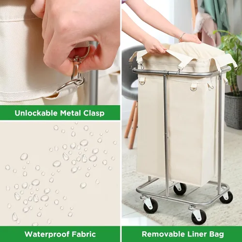 Miniatura 4 de Cesta de lavandería con ruedas, cesta de lavandería enrollable con bolsa extraíble, carrito clasificador de ropa de 100 L, organizador de ropa Crema