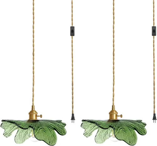 Miniatura 20 de Luz Colgante Enchufable de Cristal Verde Iluminación Colgante de 14.75 pies Luz Colgante con Cable de Enchufe 1-Luz Lámpara Colgante de Latón