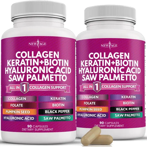 NEW AGE Píldoras de Colágeno Biotina Queratina Saw Palmetto Ácido Hialurónico - Vitamina E Ácido Fólico Semilla de Calabaza MSM - 90 Unidades