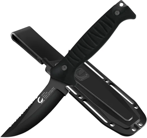 Cuchillo de hoja fija de espiga completa con funda, hoja de acero al carbono tipo media luna de 4 pulgadas, acabado antiadherente negro, cuchillo de