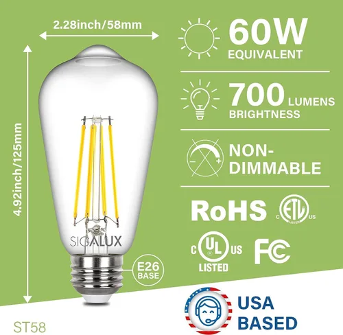 Miniatura 2 de Sigalux Bombillas Edison, bombilla LED E26 ST58 de filamento transparente, no regulable, bombillas vintage, equivalente a 60 W, blanco suave, 2700