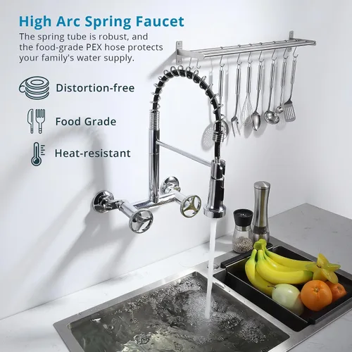 Miniatura 4 de Grifo de cocina de montaje en pared, 8 pulgadas, grifo de cocina de pared central, dos asas, grifo de fregadero de cocina montado en la pared con 2