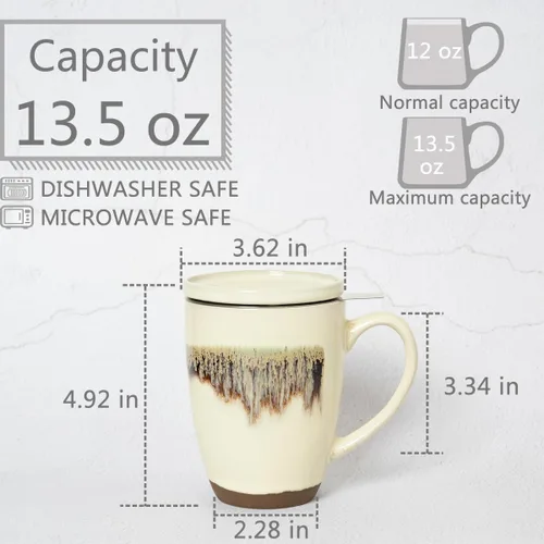 Miniatura 2 de Bosmarlin Taza de té de cerámica con infusor y tapa, 13.5 onzas, taza de té de hojas sueltas con colador, apta para microondas y lavavajillas
