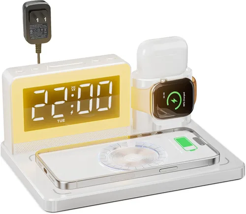Estación de carga rápida inalámbrica, reloj despertador 7 en 1 con soporte de cargador inalámbrico, base de carga para Apple, para múltiples Negro