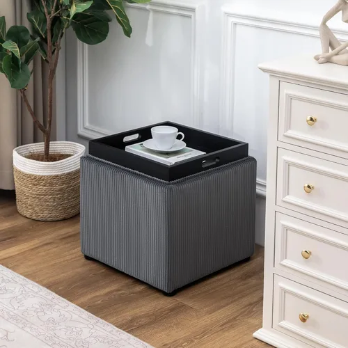 Miniatura 2 de Joveco Otomana Cuadrada con Almacenamiento con Bandeja, Pequeño Taburete de Reposapiés de Corderito, Mesa de Centro para Dormitorio y Sala de Estar