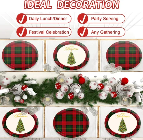 Miniatura 6 de 50 platos de papel ovalados de guinga rojo y verde de Navidad grandes de 11 pulgadas, desechables, decoraciones de fiesta temática de Navidad