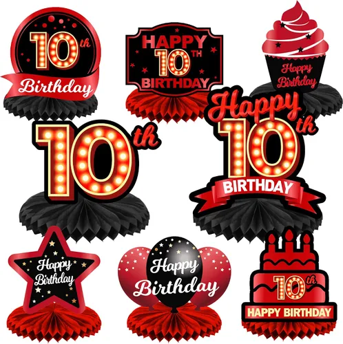 Miniatura 28 de Feliz Cumpleaños 15 Centros de Mesa de Panal Rojo y Negro Globos Decoración Temática de Mesa Decoraciones de Mesa Adornos de Mesa para Niñas Mujeres