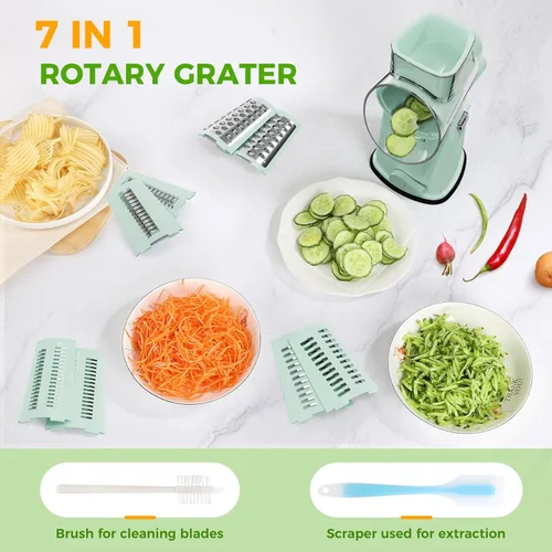 Miniatura 7 de Rallador de queso giratorio 7 en 1 mejorado con asa, triturador de verduras con ranura de almacenamiento incorporada, 5 cuchillas versátiles, base
