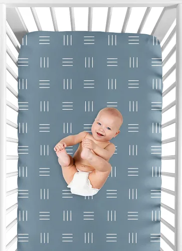 Miniatura 4 de Sweet Jojo Designs Azul oscuro Boho Mudcloth Sábana bajera para cuna para niño o niña, cama de bebé, cuarto de bebé, color azul pizarra y blanco