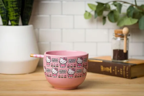 Miniatura 9 de Silver Buffalo Sanrio Hello Kitty Tazón de cerámica para ramen y arroz con diseño de flores, con palillos, apto para microondas, 20 onzas