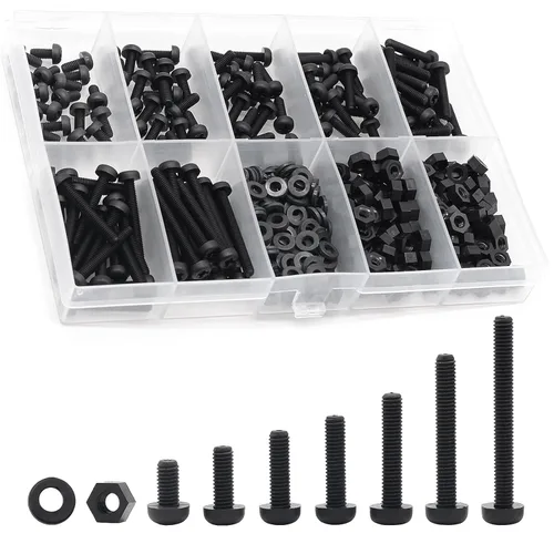 M3 Kit de Surtido de Tornillos de Nylon Negro de Cabeza Redonda, Pernos y Tuercas, Juntas (M3 Métrico: 6mm 8mm 10mm 12mm 15mm 20mm 25mm)