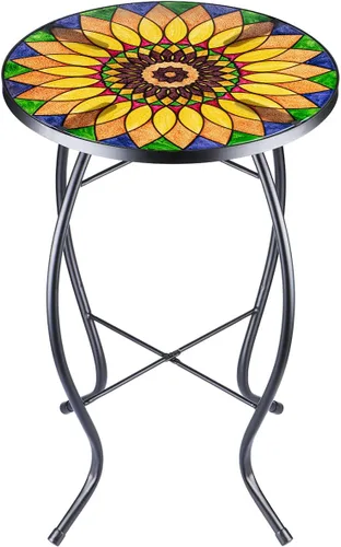 Miniatura 8 de VCUTEKA Mesa auxiliar de girasol para exteriores, diseño de mosaico, parte superior de cristal pequeña, redonda, mesa auxiliar de patio, mesa