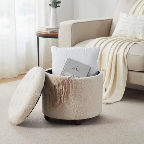 Miniatura 4 de Ornavo Home Decor Otomana Redonda con Almacenamiento, Silla Taburete de Tocador Redondo Otomana Puf con Almacenamiento para Sala de Estar