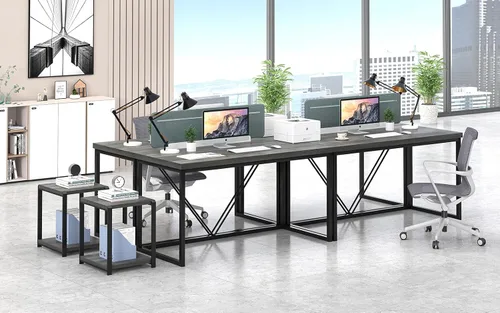 Miniatura 6 de EXCEFUR Escritorio moderno de oficina en casa, escritorio de computadora de madera y metal, mesa de estudio de escritura industrial para sala de Gris