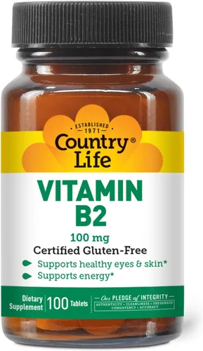 Country Life Suplemento de riboflavina de 100 mg de vitamina B2 – Aumenta la producción de energía y apoya la función celular, sin gluten, vegano,