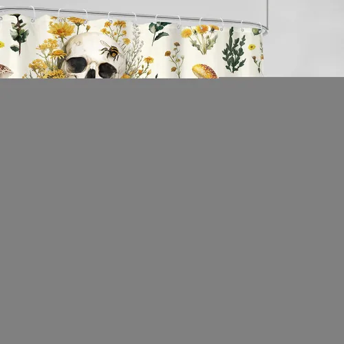 Miniatura 3 de Cortina de ducha gótica con calavera, 60 pulgadas de ancho x 72 pulgadas de alto, estilo rústico boho, con hongos amarillos, flores, abejas