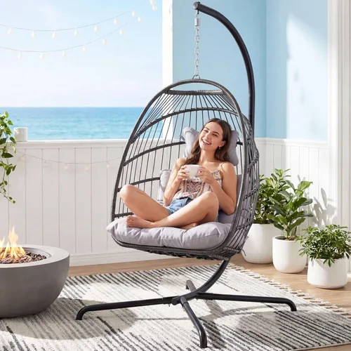 Miniatura 10 de NICESOUL Acogedora silla colgante con soporte para interiores y exteriores, silla columpio de mimbre para patio con cojín y patas doradas, 350