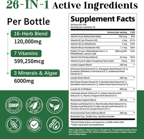 Miniatura 9 de Migcopat Gotas liposomales de drenaje linfático 26 en 1, con equinácea, cúrcuma, saúco, diente de león, vitaminas y verbascum para pulmones, sistema