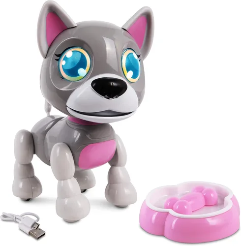 NKOK USB PetBotz - Robo Puppy, recargable, miniatura, robot interactivo para mascotas, iluminado, activado por sonido, hace ruidos bajo orden, viene