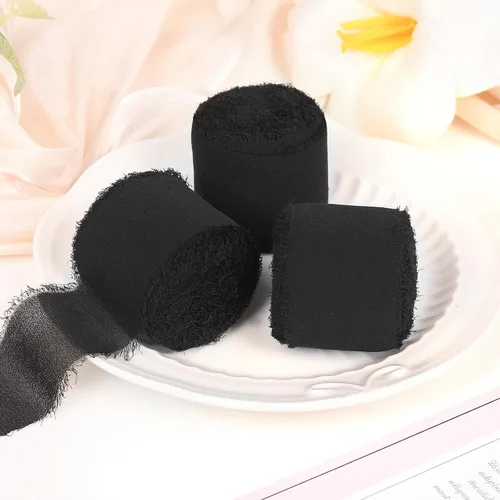 Miniatura 3 de 3 rollos de cinta de gasa con flecos hecha a mano, de chifón, color negro, de 1.5 pulgadas de ancho x 7 yardas de largo, cinta estilo seda